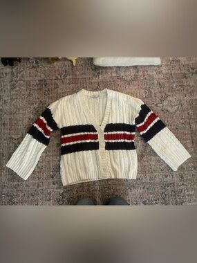 NA-KD Chunky Cream Cable-Knit Cardigan with Navy & Red Stripes